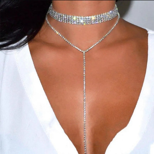Thick Sparkly Rhinestone Choker | Luxury Y Tassel Necklace