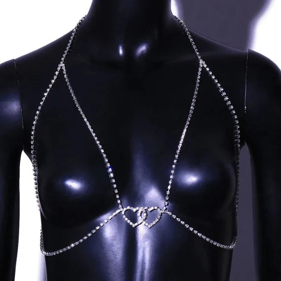 Rhinestone Double Heart Bra Chain | Crystal Body Jewelry