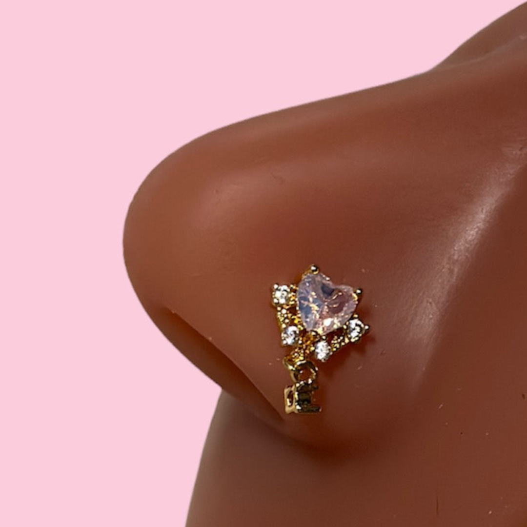 pink crystal heart nose ring